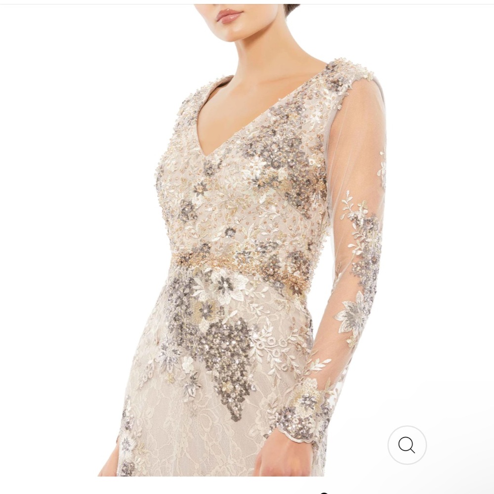 NWT Mac Duggal Embellished V-Neck Illusion Long Sleeve Gown Taupe Size 10 - Picture 3 of 12